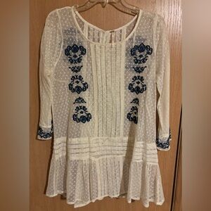 Free People Cream Sheer Swiss Dot Tunic with Navy Embroidery